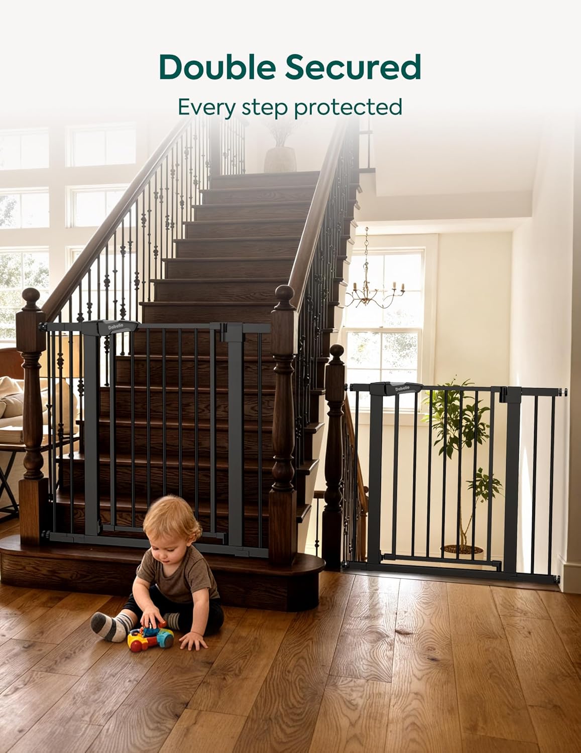 Pressure Mounted Baby Gate for Stairs, 26-40" Wide No Drilling Option, Auto Close with 3-Way Locking, Easy Install Safety Gate for Doorways, Kitchen, Hallway, Laundry, Indoor Use, White