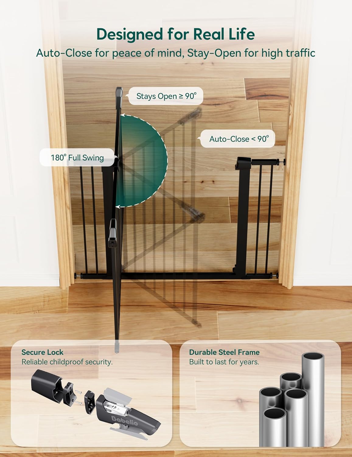 Pressure Mounted Baby Gate for Stairs, 26-40" Wide No Drilling Option, Auto Close with 3-Way Locking, Easy Install Safety Gate for Doorways, Kitchen, Hallway, Laundry, Indoor Use, White