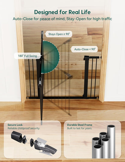Pressure Mounted Baby Gate for Stairs, 26-40" Wide No Drilling Option, Auto Close with 3-Way Locking, Easy Install Safety Gate for Doorways, Kitchen, Hallway, Laundry, Indoor Use, White
