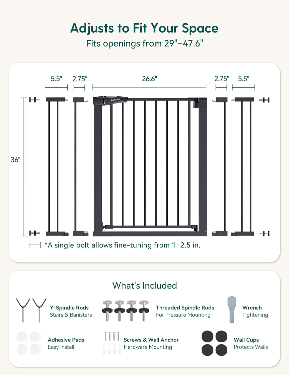 Pressure Mounted Baby Gate for Stairs, 26-40" Wide No Drilling Option, Auto Close with 3-Way Locking, Easy Install Safety Gate for Doorways, Kitchen, Hallway, Laundry, Indoor Use, White