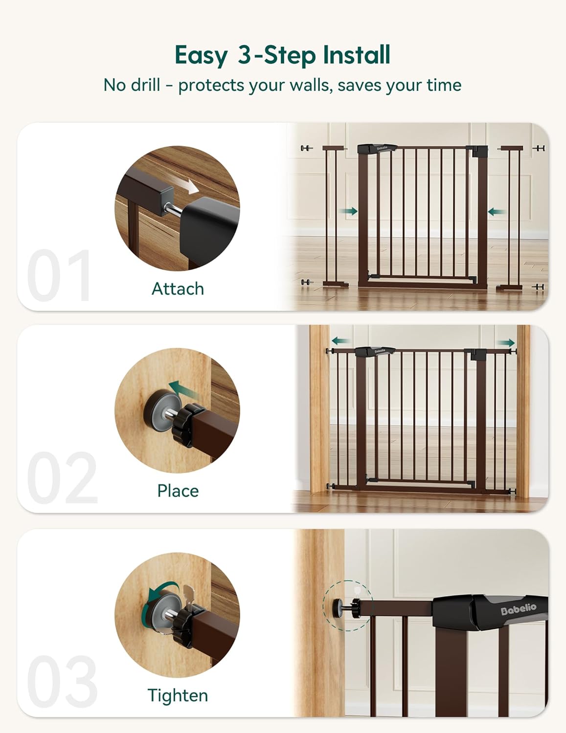 Pressure Mounted Baby Gate for Stairs, 26-40" Wide No Drilling Option, Auto Close with 3-Way Locking, Easy Install Safety Gate for Doorways, Kitchen, Hallway, Laundry, Indoor Use, White