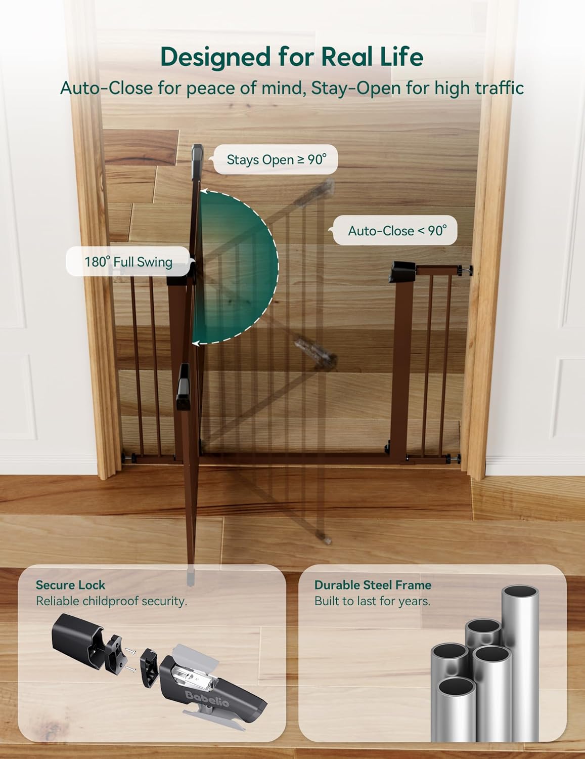 Pressure Mounted Baby Gate for Stairs, 26-40" Wide No Drilling Option, Auto Close with 3-Way Locking, Easy Install Safety Gate for Doorways, Kitchen, Hallway, Laundry, Indoor Use, White