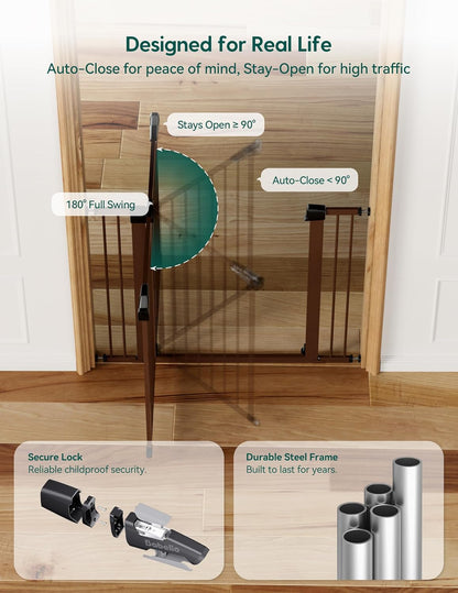 Pressure Mounted Baby Gate for Stairs, 26-40" Wide No Drilling Option, Auto Close with 3-Way Locking, Easy Install Safety Gate for Doorways, Kitchen, Hallway, Laundry, Indoor Use, White
