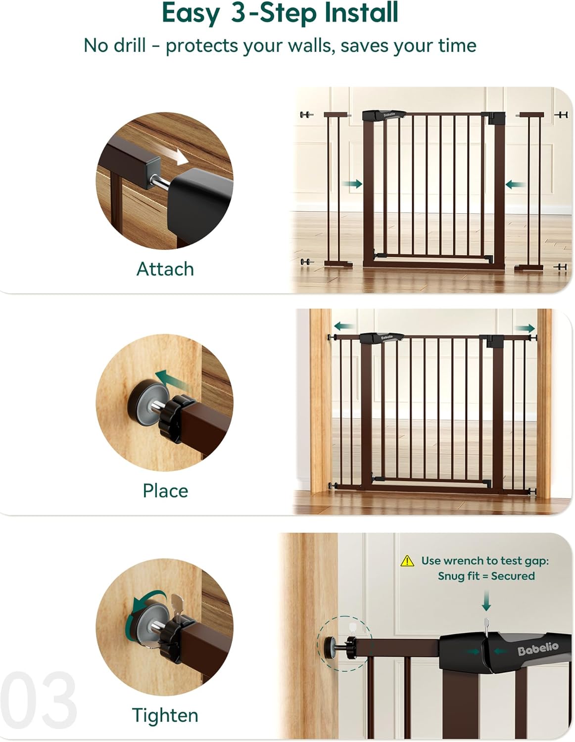 Pressure Mounted Baby Gate for Stairs, 26-40" Wide No Drilling Option, Auto Close with 3-Way Locking, Easy Install Safety Gate for Doorways, Kitchen, Hallway, Laundry, Indoor Use, White