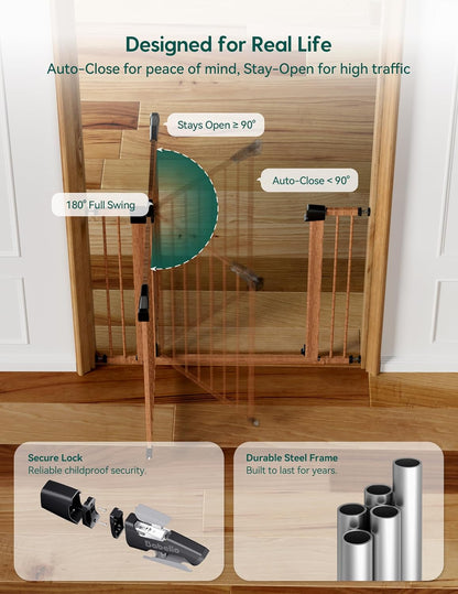 Pressure Mounted Baby Gate for Stairs, 26-40" Wide No Drilling Option, Auto Close with 3-Way Locking, Easy Install Safety Gate for Doorways, Kitchen, Hallway, Laundry, Indoor Use, White