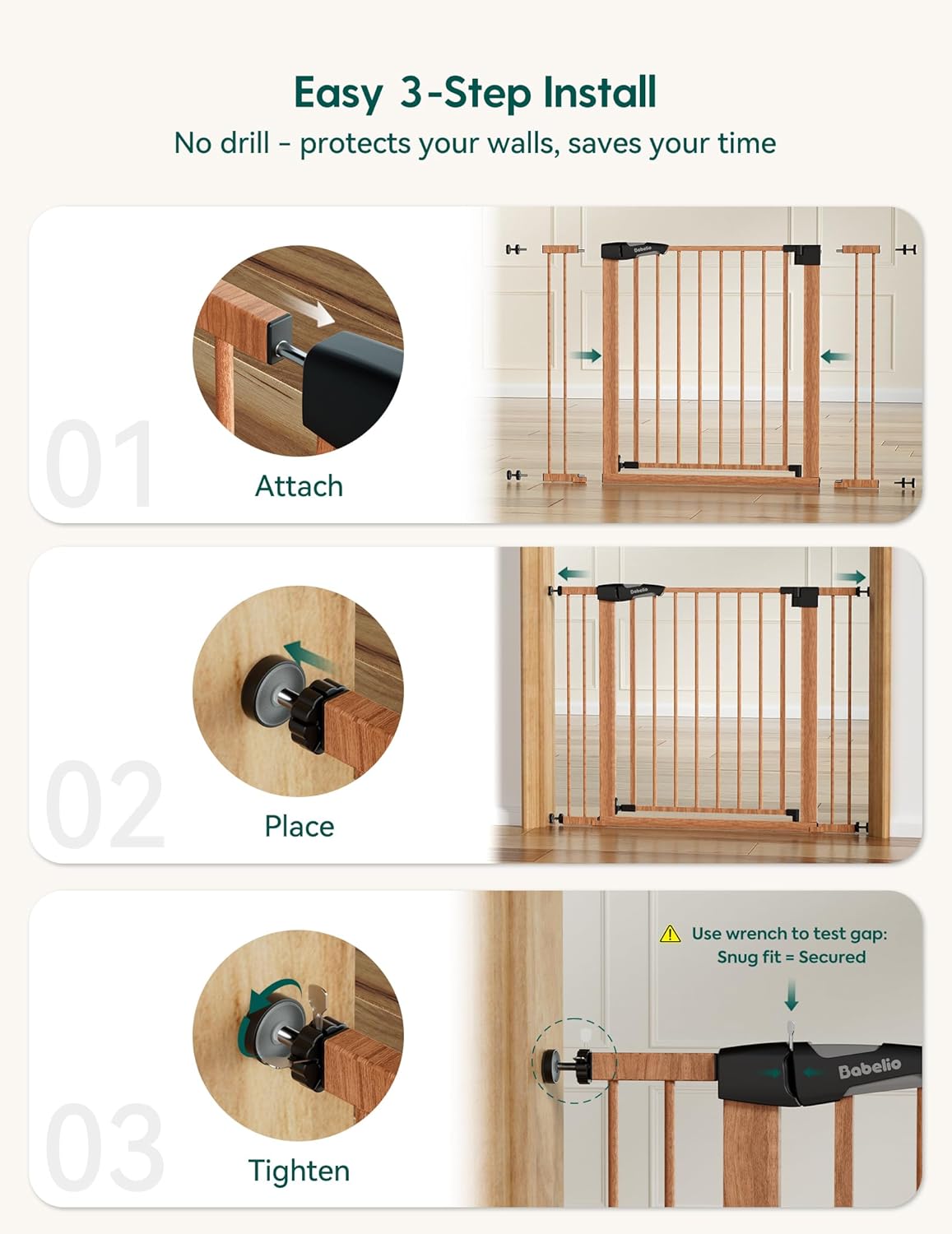 Pressure Mounted Baby Gate for Stairs, 26-40" Wide No Drilling Option, Auto Close with 3-Way Locking, Easy Install Safety Gate for Doorways, Kitchen, Hallway, Laundry, Indoor Use, White