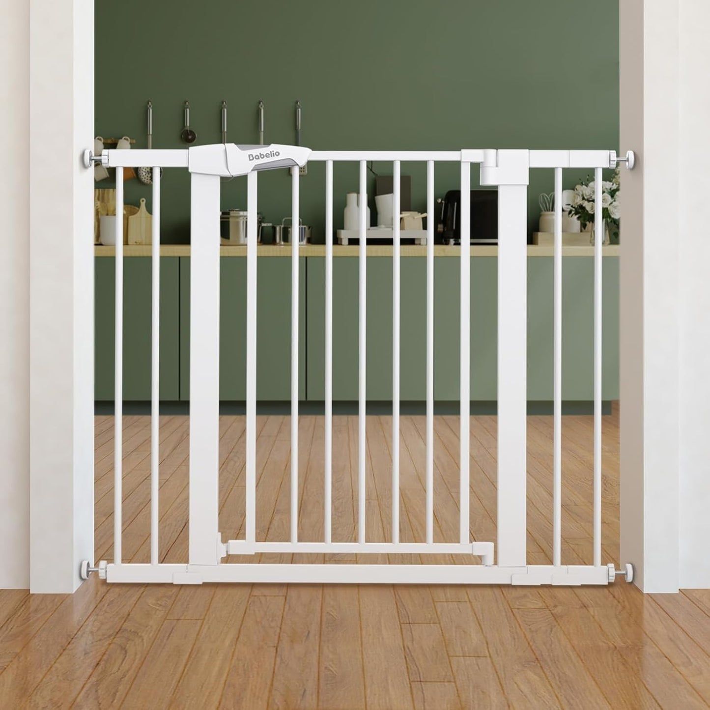 Pressure Mounted Baby Gate for Stairs, 26-40" Wide No Drilling Option, Auto Close with 3-Way Locking, Easy Install Safety Gate for Doorways, Kitchen, Hallway, Laundry, Indoor Use, White