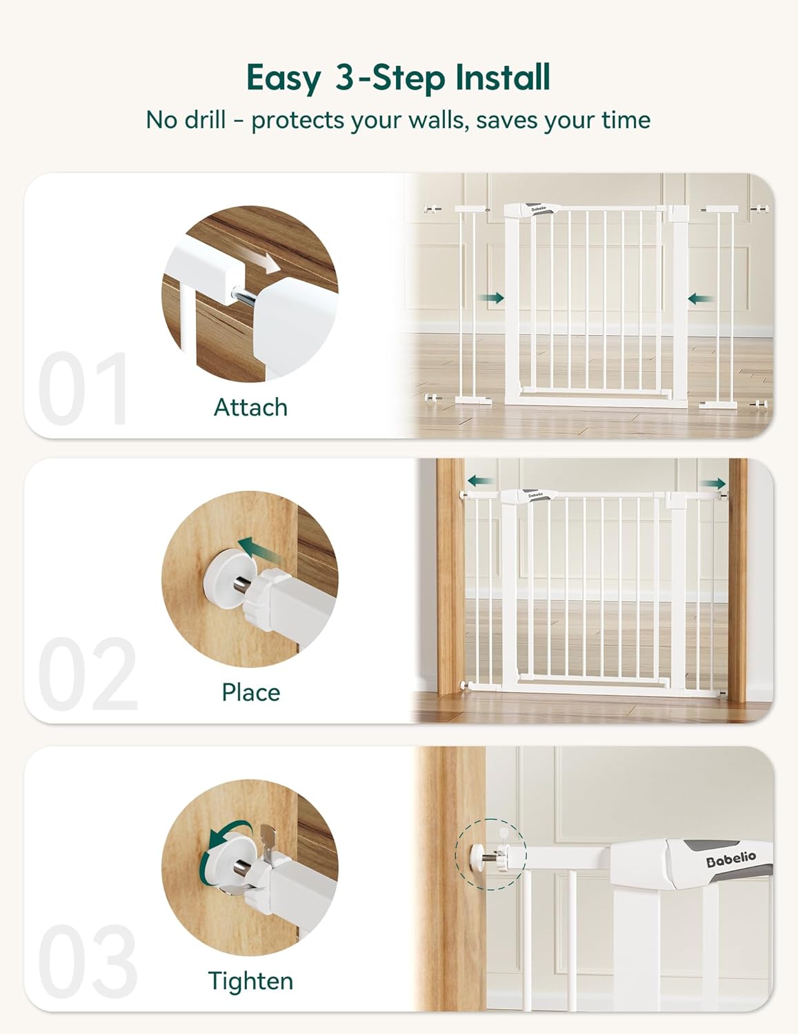 Pressure Mounted Baby Gate for Stairs, 26-40" Wide No Drilling Option, Auto Close with 3-Way Locking, Easy Install Safety Gate for Doorways, Kitchen, Hallway, Laundry, Indoor Use, White