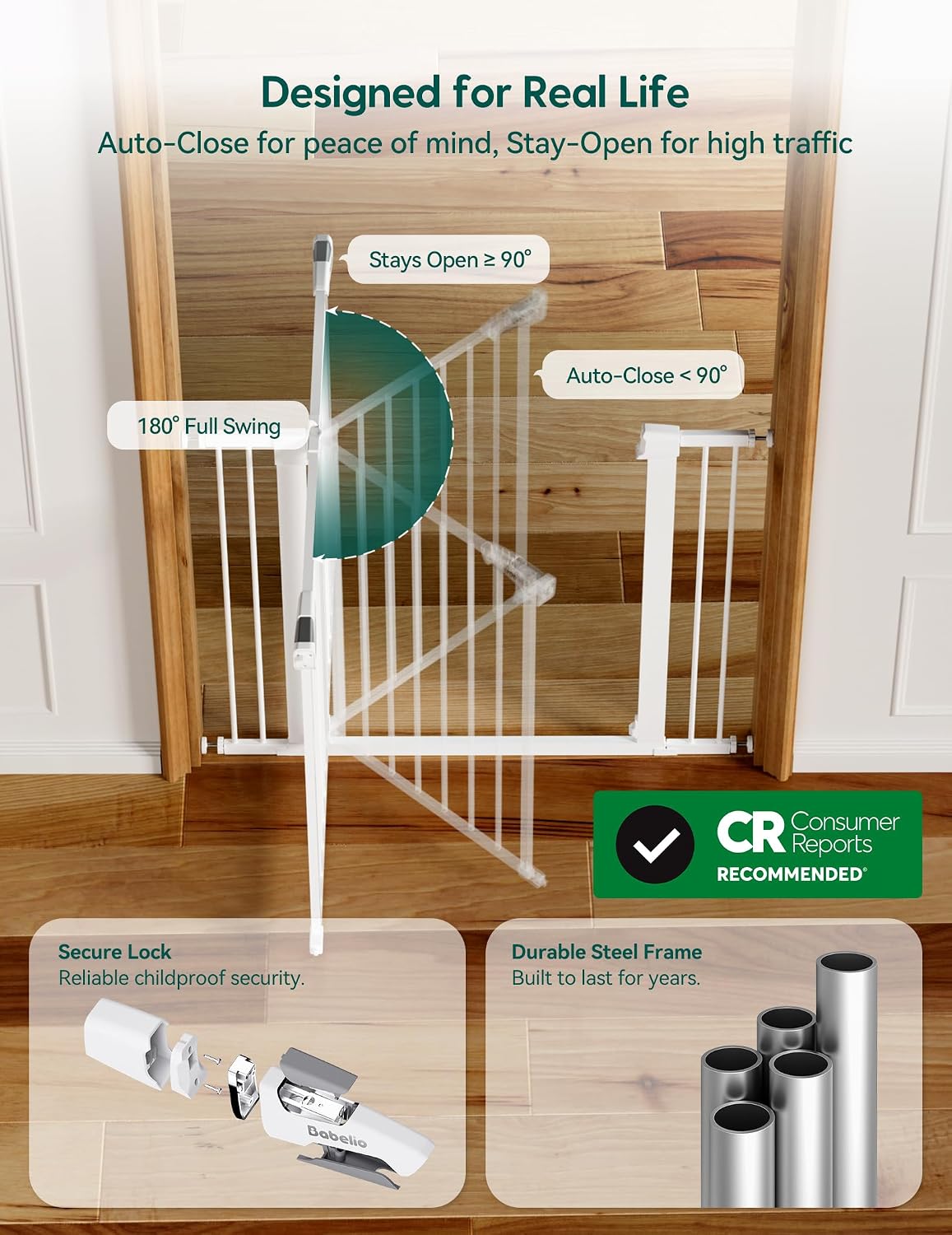 Pressure Mounted Baby Gate for Stairs, 26-40" Wide No Drilling Option, Auto Close with 3-Way Locking, Easy Install Safety Gate for Doorways, Kitchen, Hallway, Laundry, Indoor Use, White
