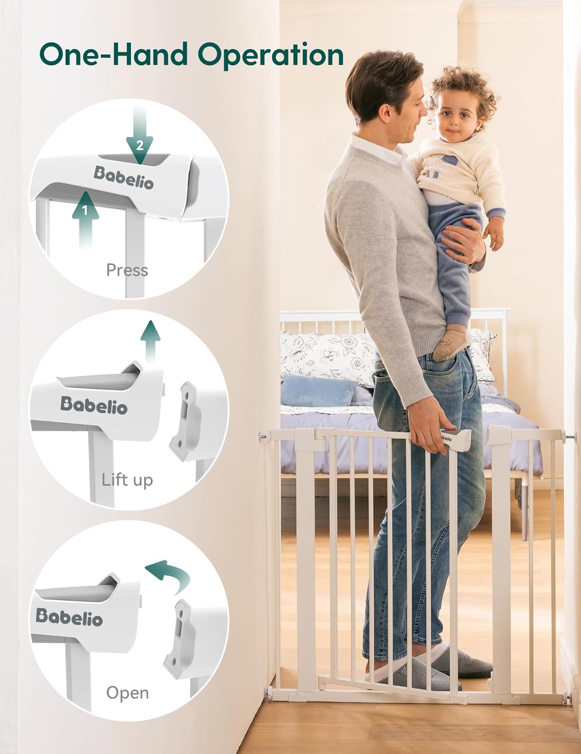 Pressure Mounted Baby Gate for Stairs, 26-40" Wide No Drilling Option, Auto Close with 3-Way Locking, Easy Install Safety Gate for Doorways, Kitchen, Hallway, Laundry, Indoor Use, White
