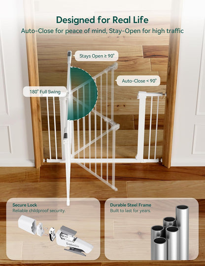 Pressure Mounted Baby Gate for Stairs, 26-40" Wide No Drilling Option, Auto Close with 3-Way Locking, Easy Install Safety Gate for Doorways, Kitchen, Hallway, Laundry, Indoor Use, White