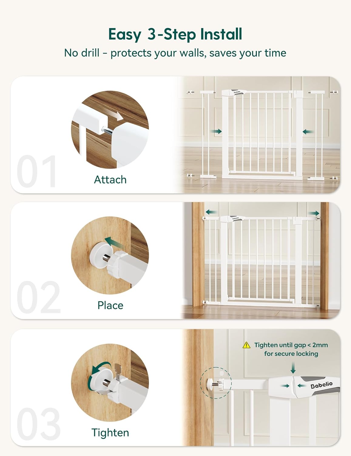 Pressure Mounted Baby Gate for Stairs, 26-40" Wide No Drilling Option, Auto Close with 3-Way Locking, Easy Install Safety Gate for Doorways, Kitchen, Hallway, Laundry, Indoor Use, White