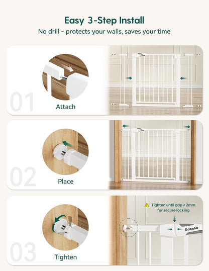 Pressure Mounted Baby Gate for Stairs, 26-40" Wide No Drilling Option, Auto Close with 3-Way Locking, Easy Install Safety Gate for Doorways, Kitchen, Hallway, Laundry, Indoor Use, White