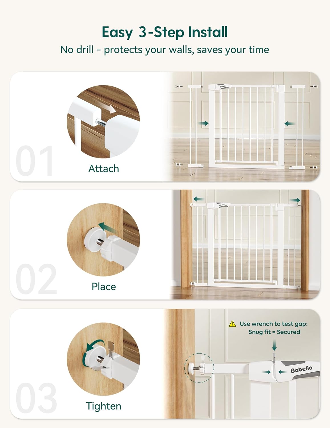 Pressure Mounted Baby Gate for Stairs, 26-40" Wide No Drilling Option, Auto Close with 3-Way Locking, Easy Install Safety Gate for Doorways, Kitchen, Hallway, Laundry, Indoor Use, White