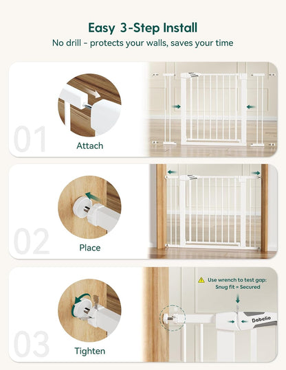 Pressure Mounted Baby Gate for Stairs, 26-40" Wide No Drilling Option, Auto Close with 3-Way Locking, Easy Install Safety Gate for Doorways, Kitchen, Hallway, Laundry, Indoor Use, White