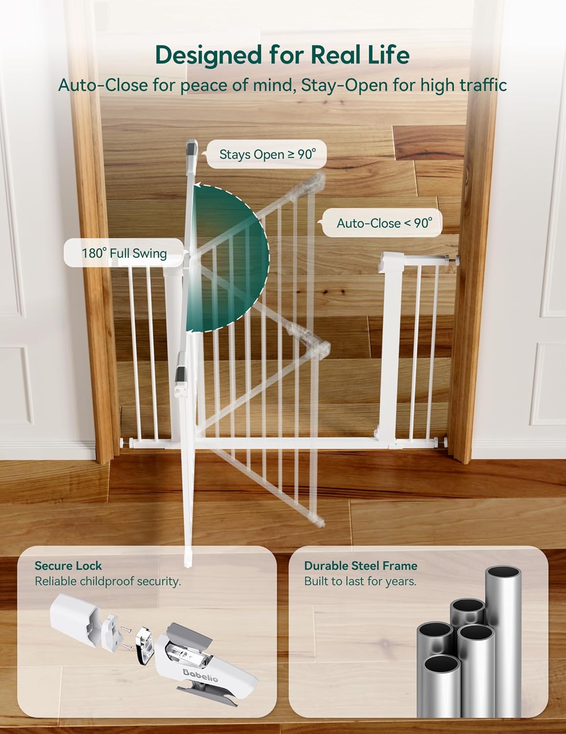 Pressure Mounted Baby Gate for Stairs, 26-40" Wide No Drilling Option, Auto Close with 3-Way Locking, Easy Install Safety Gate for Doorways, Kitchen, Hallway, Laundry, Indoor Use, White