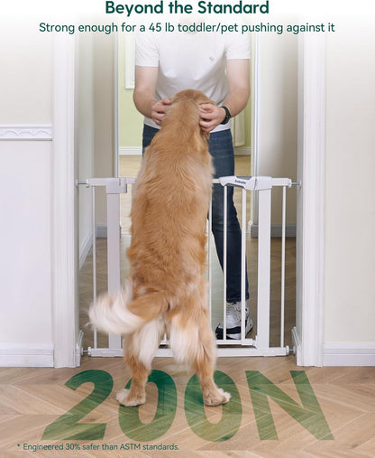 Pressure Mounted Baby Gate for Stairs, 26-40" Wide No Drilling Option, Auto Close with 3-Way Locking, Easy Install Safety Gate for Doorways, Kitchen, Hallway, Laundry, Indoor Use, White