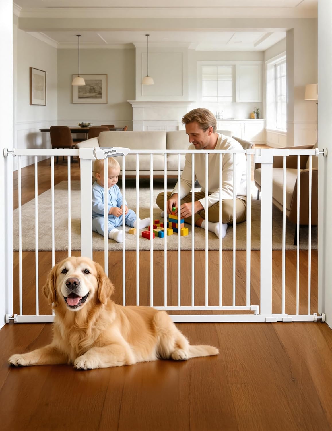 Pressure Mounted Baby Gate for Stairs, 26-40" Wide No Drilling Option, Auto Close with 3-Way Locking, Easy Install Safety Gate for Doorways, Kitchen, Hallway, Laundry, Indoor Use, White