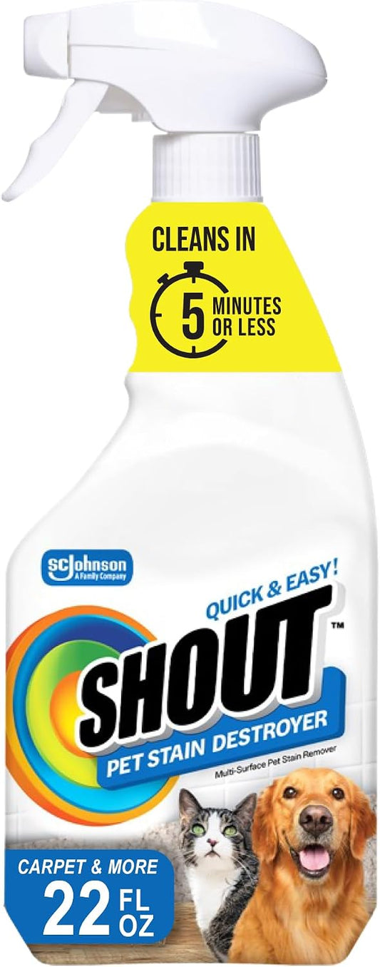 Pet Stain Remover Spray, Color-Safe Multisurface & Carpet Cleaner Solution for Dog & Cat Urine, Feces, Vomit & Mud, Fights Odors & Remarking, Fast-Acting Cleans in 5 Minutes or Less, 22oz