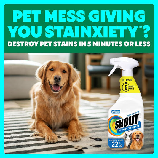 Pet Stain Remover Spray, Color-Safe Multisurface & Carpet Cleaner Solution for Dog & Cat Urine, Feces, Vomit & Mud, Fights Odors & Remarking, Fast-Acting Cleans in 5 Minutes or Less, 22oz