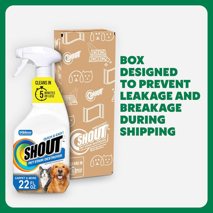 Pet Stain Remover Spray, Color-Safe Multisurface & Carpet Cleaner Solution for Dog & Cat Urine, Feces, Vomit & Mud, Fights Odors & Remarking, Fast-Acting Cleans in 5 Minutes or Less, 22oz