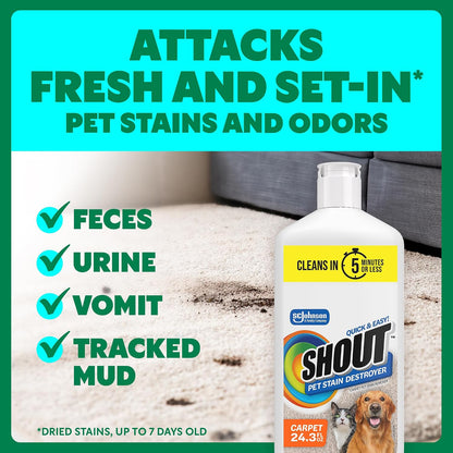 Pet Stain Remover Spray, Color-Safe Multisurface & Carpet Cleaner Solution for Dog & Cat Urine, Feces, Vomit & Mud, Fights Odors & Remarking, Fast-Acting Cleans in 5 Minutes or Less, 22oz
