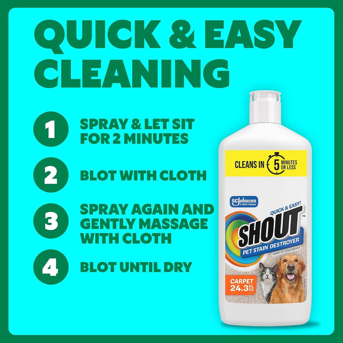 Pet Stain Remover Spray, Color-Safe Multisurface & Carpet Cleaner Solution for Dog & Cat Urine, Feces, Vomit & Mud, Fights Odors & Remarking, Fast-Acting Cleans in 5 Minutes or Less, 22oz