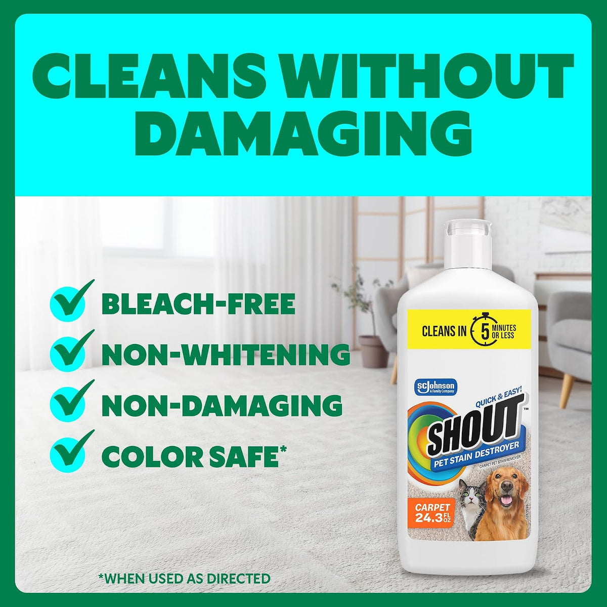 Pet Stain Remover Spray, Color-Safe Multisurface & Carpet Cleaner Solution for Dog & Cat Urine, Feces, Vomit & Mud, Fights Odors & Remarking, Fast-Acting Cleans in 5 Minutes or Less, 22oz