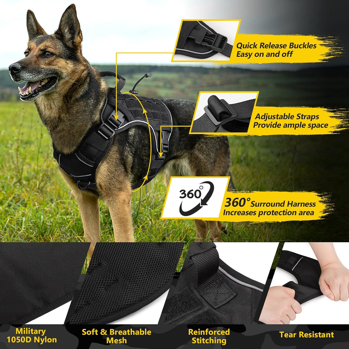 Tactical Dog Harness for Large Dogs,No Pull Heavy Duty Dog Harness