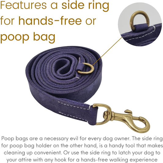 Vibrania 6 Ft Heavy Duty 1 inch Wide Super Soft Thick Distressed Leather Dog Leash, Indigo Blue with Side Ring (6 Ft L x 1" W, Indigo Blue)