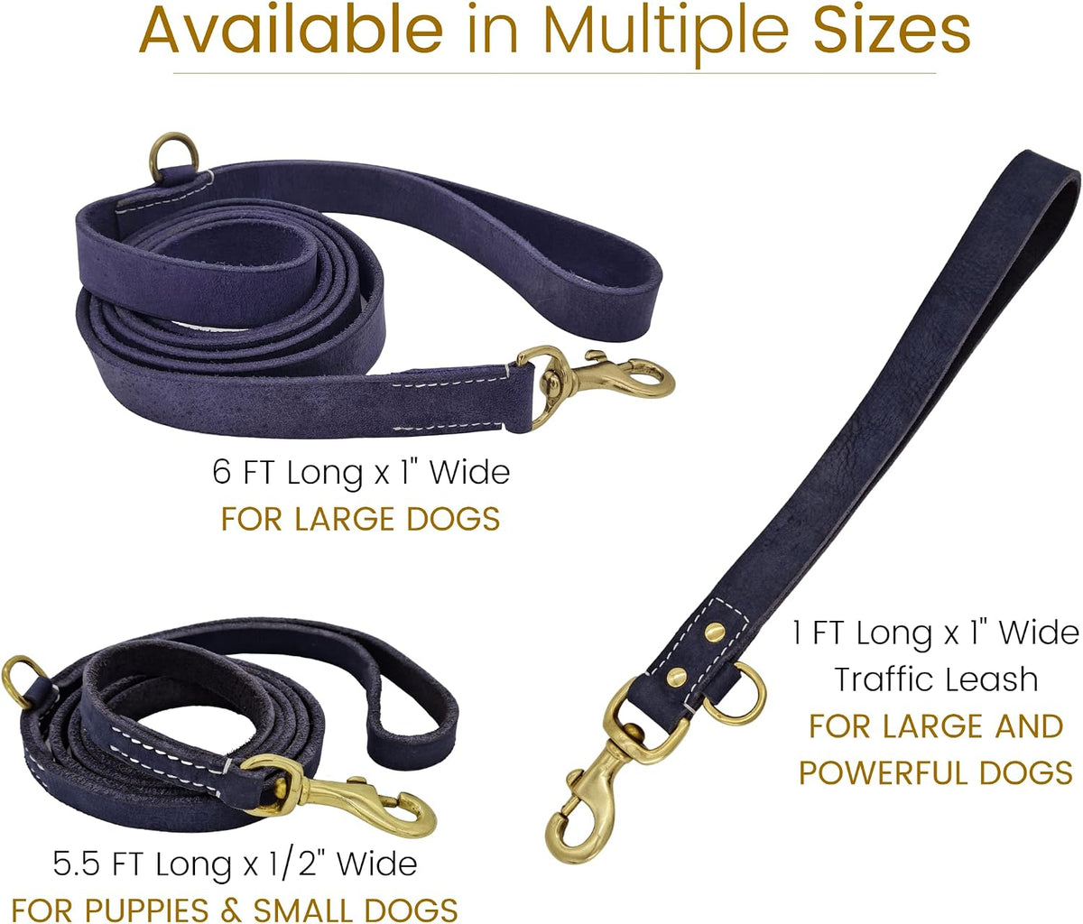 Vibrania 6 Ft Heavy Duty 1 inch Wide Super Soft Thick Distressed Leather Dog Leash, Indigo Blue with Side Ring (6 Ft L x 1" W, Indigo Blue)