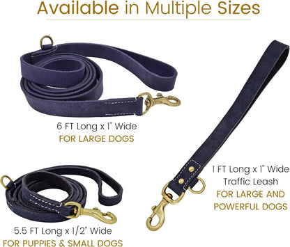 Vibrania 6 Ft Heavy Duty 1 inch Wide Super Soft Thick Distressed Leather Dog Leash, Indigo Blue with Side Ring (6 Ft L x 1" W, Indigo Blue)