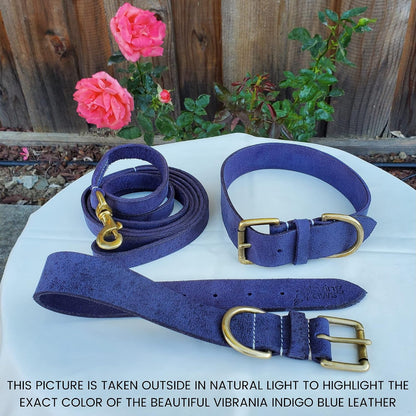 Vibrania 6 Ft Heavy Duty 1 inch Wide Super Soft Thick Distressed Leather Dog Leash, Indigo Blue with Side Ring (6 Ft L x 1" W, Indigo Blue)