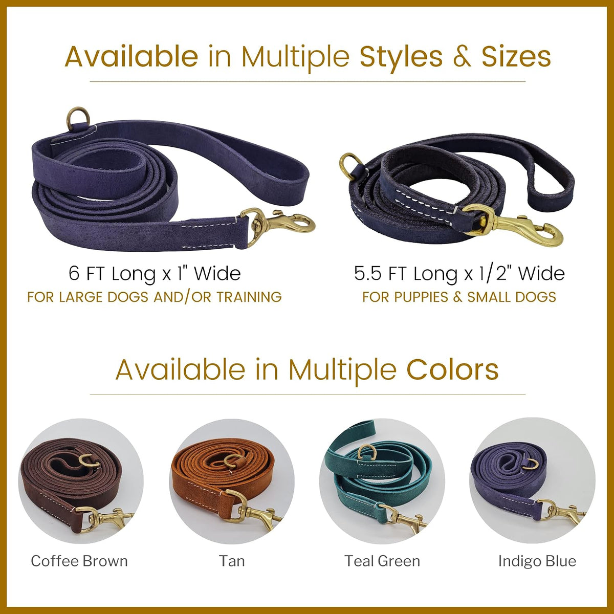 Vibrania 6 Ft Heavy Duty 1 inch Wide Super Soft Thick Distressed Leather Dog Leash, Indigo Blue with Side Ring (6 Ft L x 1" W, Indigo Blue)