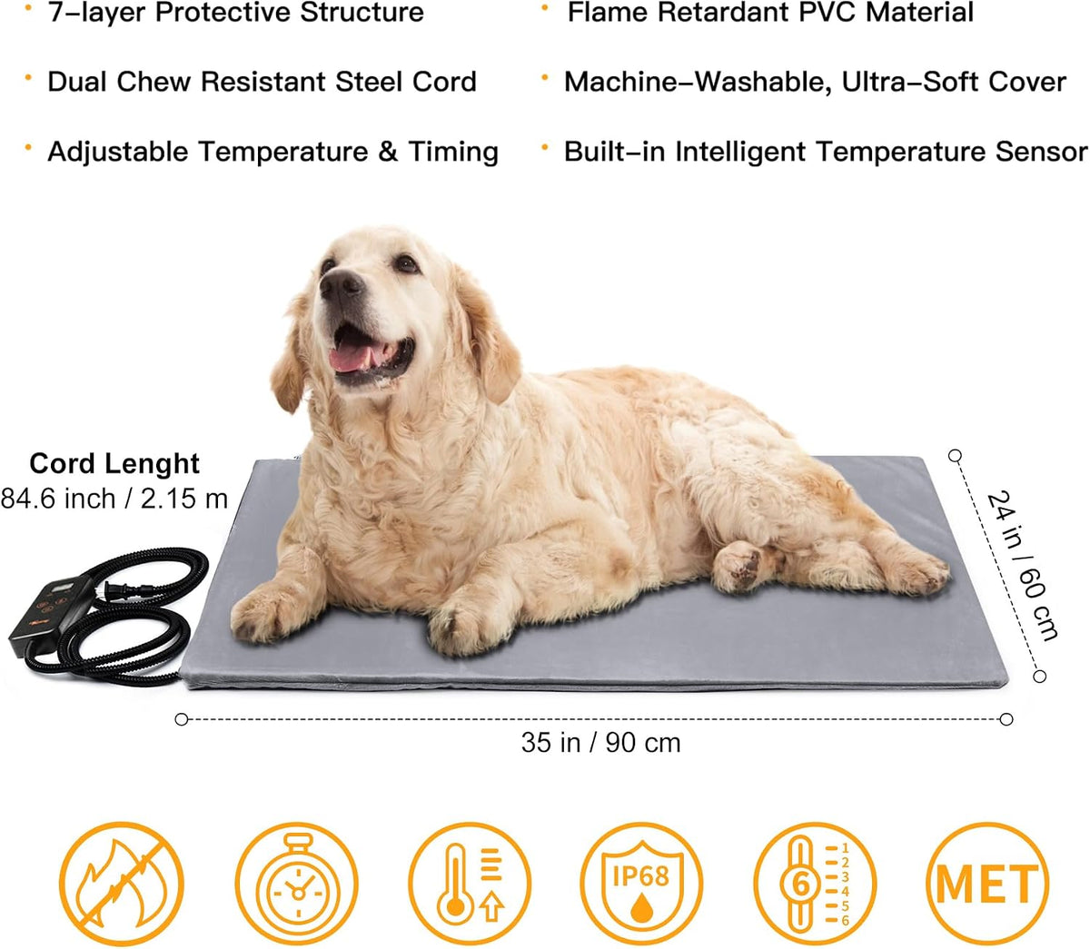 Heated Pet Mat, Large Dog & Cat Heating Pad, 35 x 24 in, Waterproof
