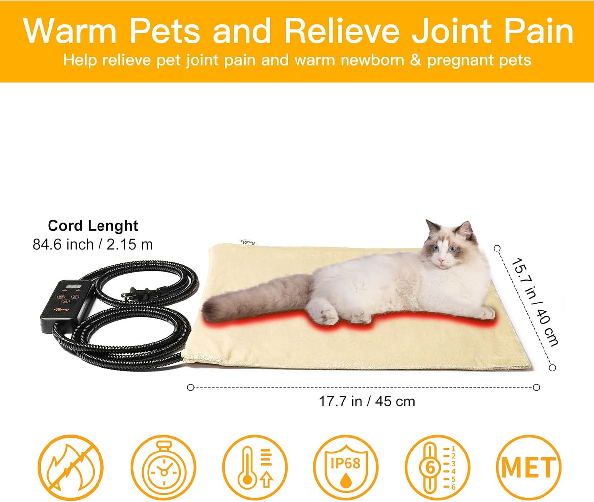 Heated Pet Mat, Large Dog & Cat Heating Pad, 35 x 24 in, Waterproof