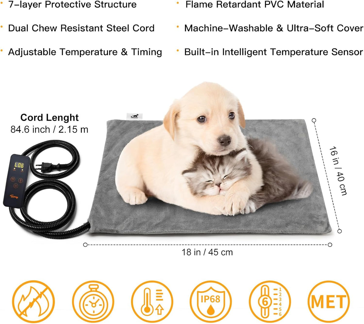 Heated Pet Mat, Large Dog & Cat Heating Pad, 35 x 24 in, Waterproof