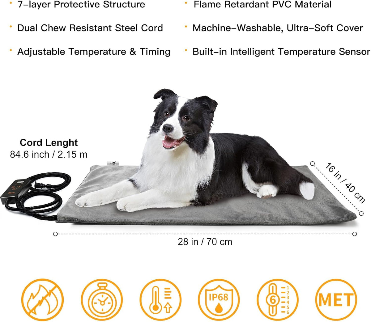 Heated Pet Mat, Large Dog & Cat Heating Pad, 35 x 24 in, Waterproof