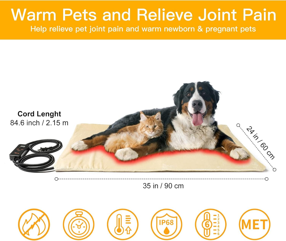 Heated Pet Mat, Large Dog & Cat Heating Pad, 35 x 24 in, Waterproof