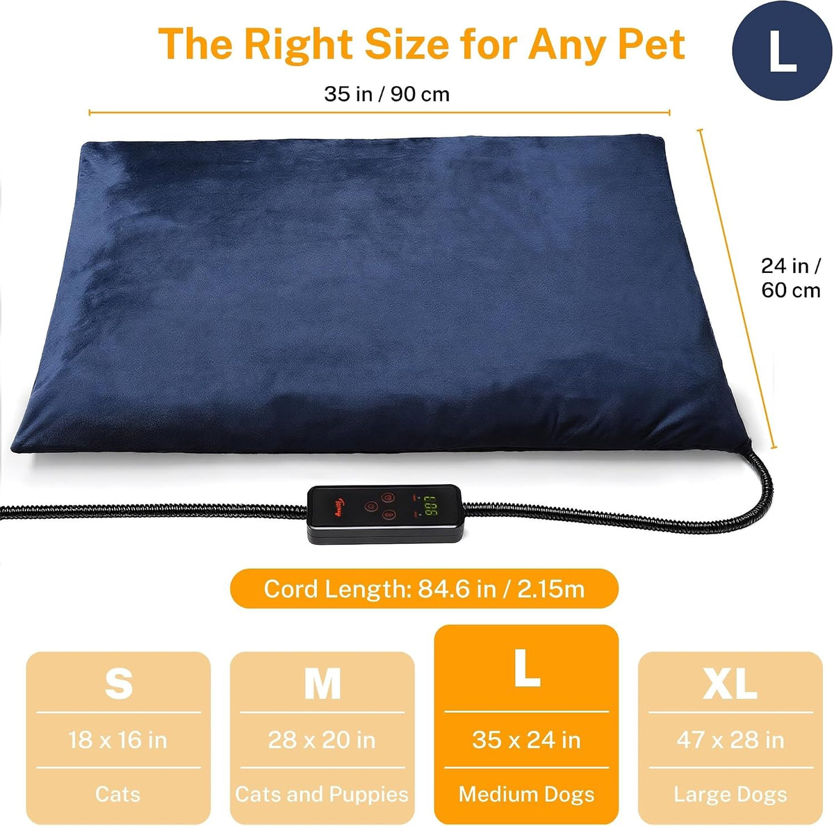 Heated Pet Mat, Large Dog & Cat Heating Pad, 35 x 24 in, Waterproof