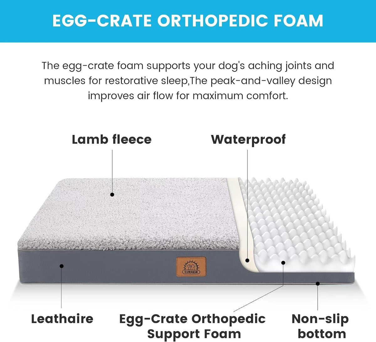 Washable Orthopedic Large Dog Bed with Removable Cover, Pet Bed Mat | Big Waterproof Dog Crate Bed, Egg Crate Foam Support, Anti-Slip Bottom, Easy-Clean, Soft Plush Dog Beds Large Sized Dog, Grey