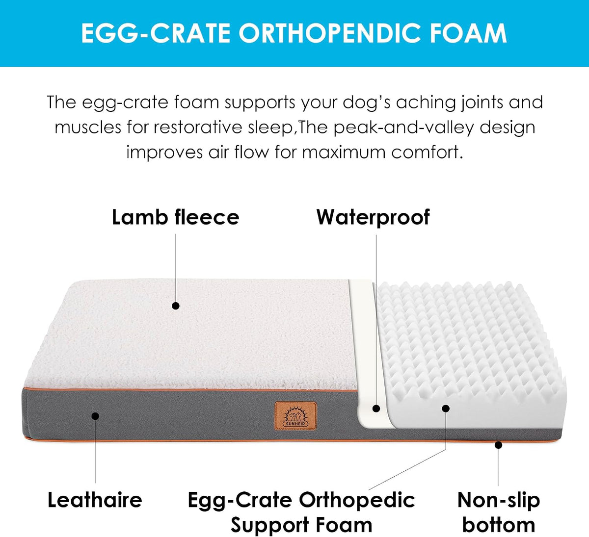 Washable Orthopedic Large Dog Bed with Removable Cover, Pet Bed Mat | Big Waterproof Dog Crate Bed, Egg Crate Foam Support, Anti-Slip Bottom, Easy-Clean, Soft Plush Dog Beds Large Sized Dog, Grey