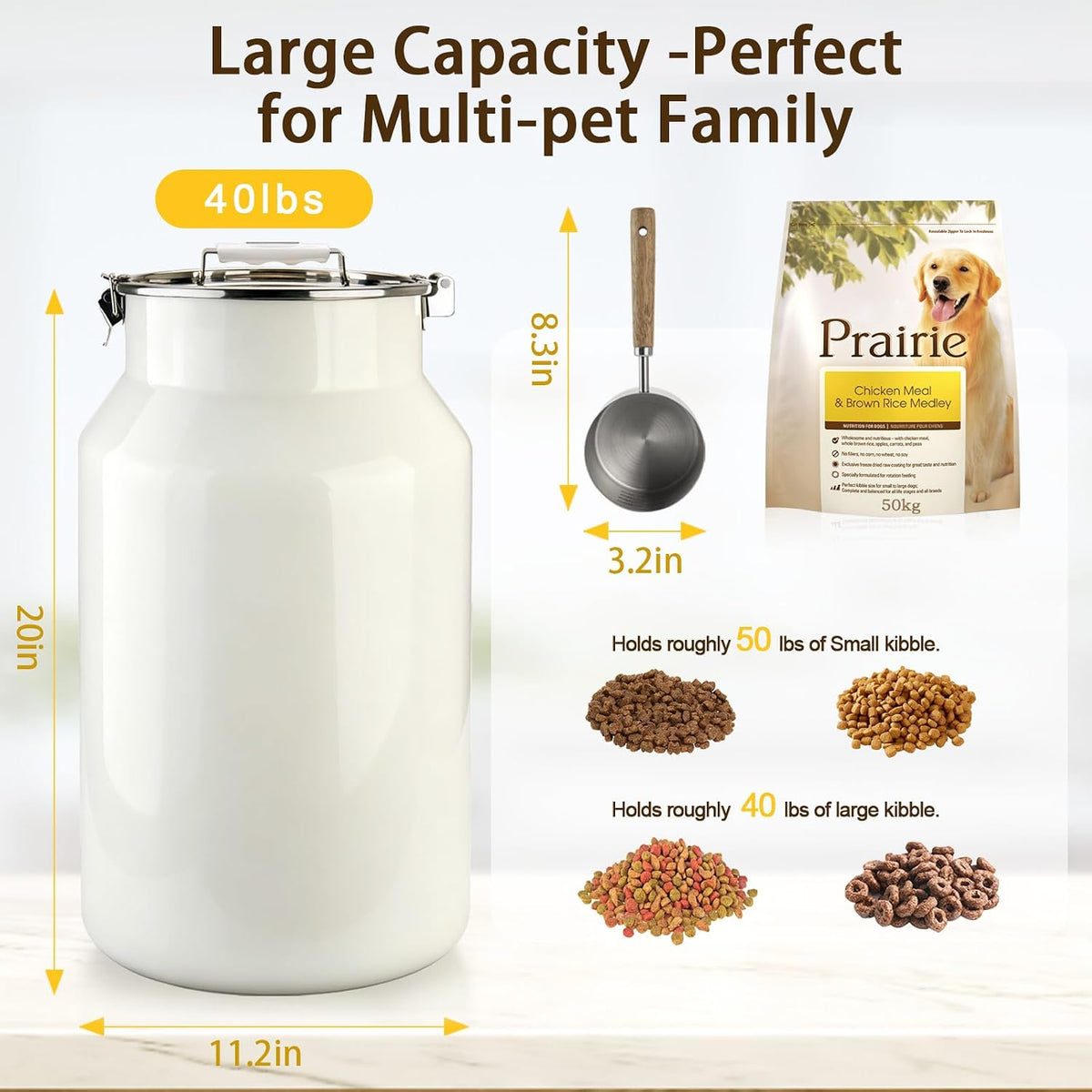 Dog-Cat Food Storage Container 40 lb, Large Stainless Steel Bin