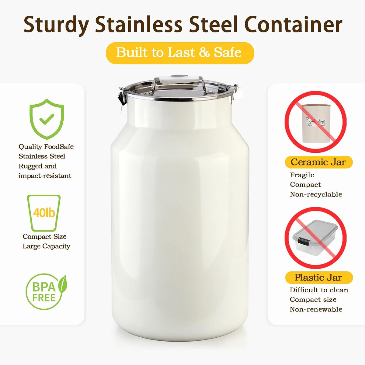Dog-Cat Food Storage Container 40 lb, Large Stainless Steel Bin