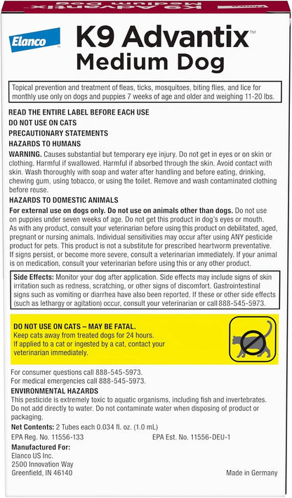 Flea, Tick & Mosquito Prevention for Dogs 11-20 lbs. | Flea Drops for Medium Dogs | Apply Monthly | 2 Treatments