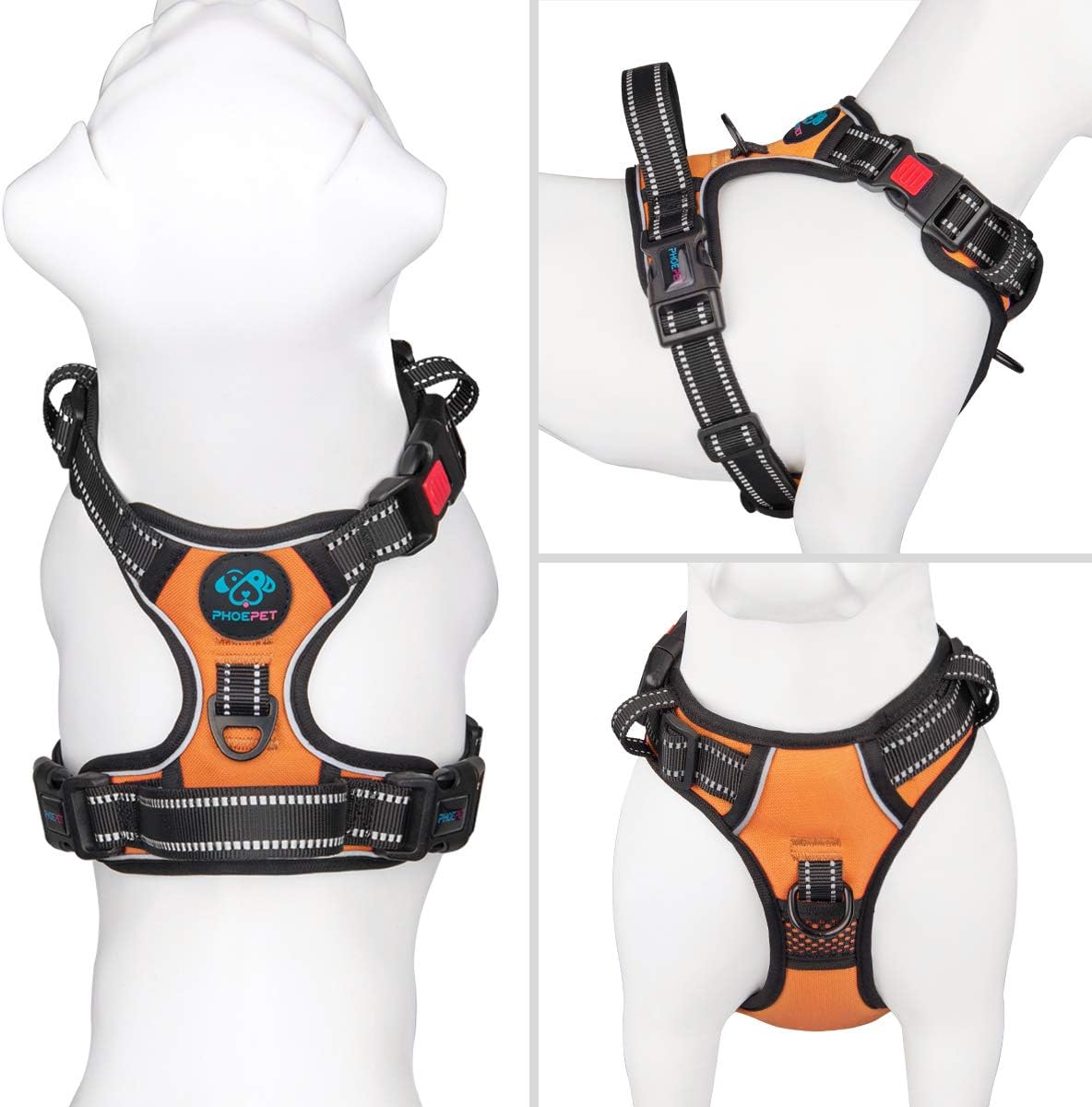 No Pull Dog Harness Medium Reflective Front Clip Vest with Handle | Adjustable 2 Metal Rings 3 Buckles,[Easy to Put on & Take Off](M, Orange)