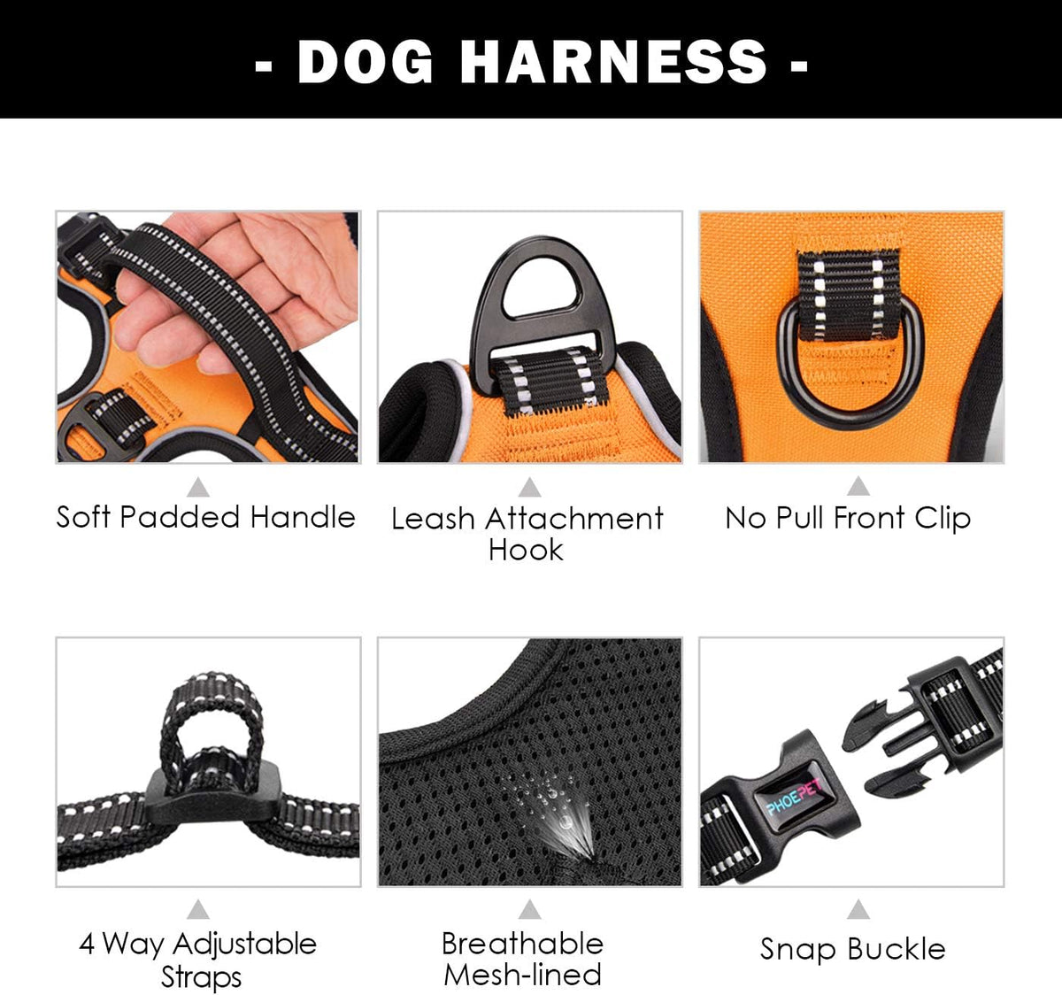 No Pull Dog Harness Medium Reflective Front Clip Vest with Handle | Adjustable 2 Metal Rings 3 Buckles,[Easy to Put on & Take Off](M, Orange)