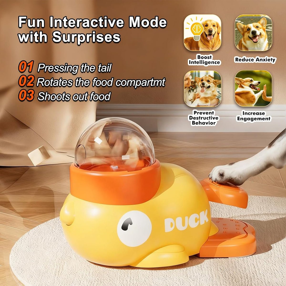 Duck Dog Slow Feeder Puzzle Toy, 3 Adjustable Openings, Treat Dispenser