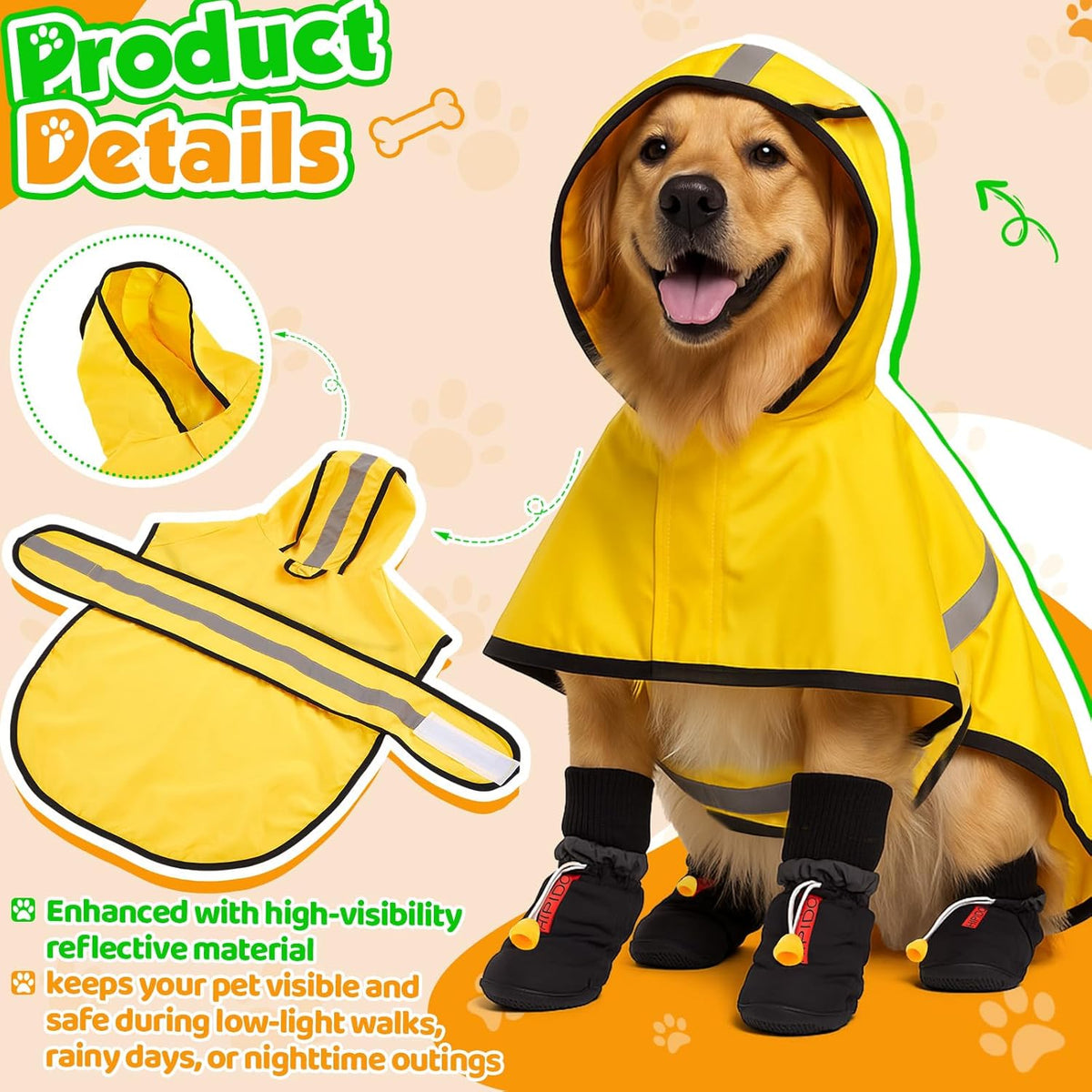 Waterproof Dog Raincoat Shoes 50-70lbs, Poncho Single Side