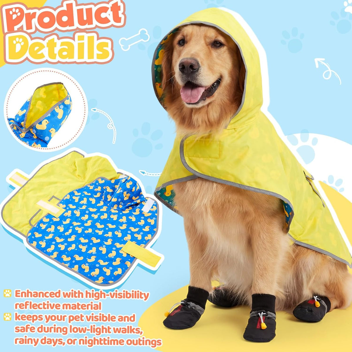Waterproof Dog Raincoat Shoes 50-70lbs, Poncho Single Side